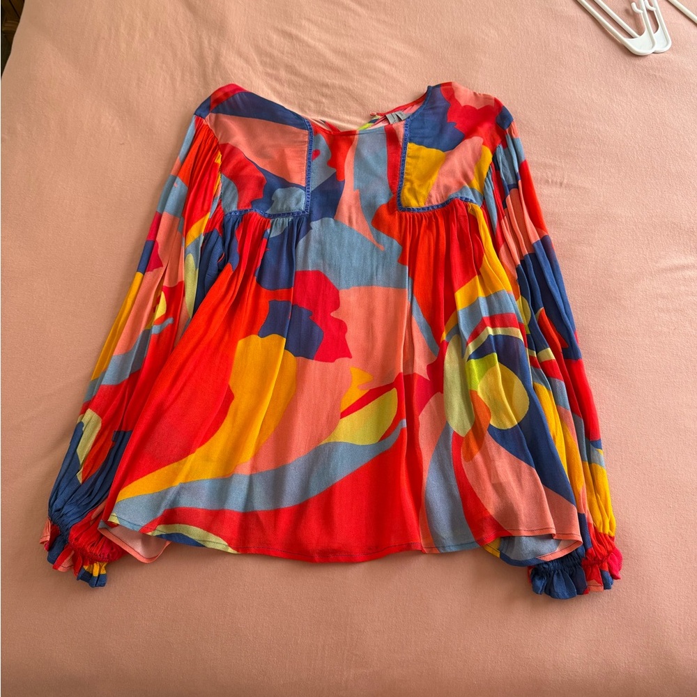 Anthropologie Red and Blue Abstract Blouse